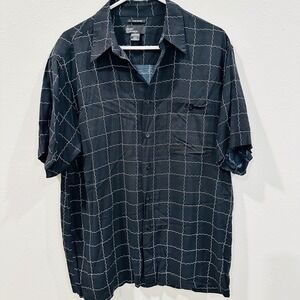 Marc Edwards Black Luxe Rayon‎ Short Sleeve Button Up Shirt Men Size L Wavy Grid